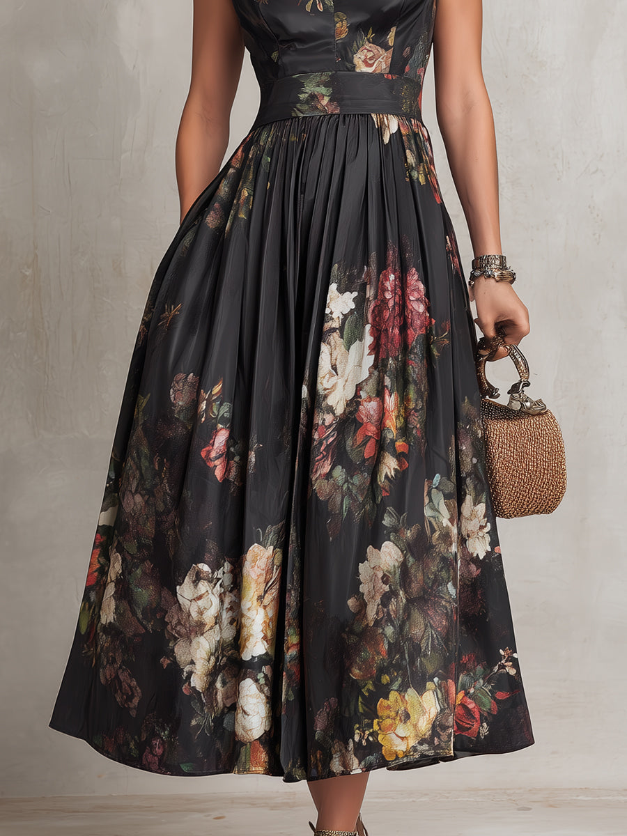 Patricia | Vestido Midi Plisado de Satín Floral Negro