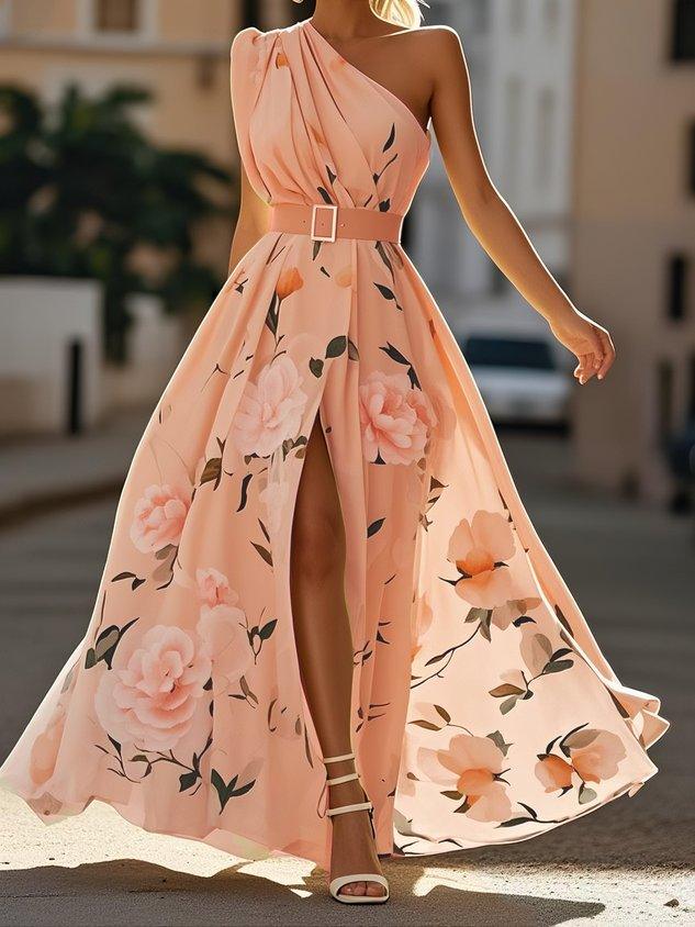 Julie | Vestido Maxi de un Hombro con Estampado Floral Verde Claro