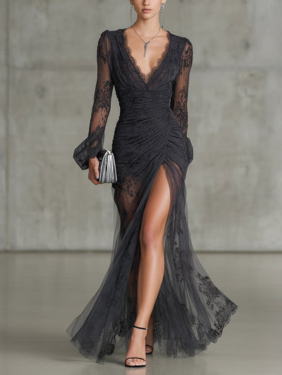 GRACJANA | Vestido largo de encaje con cintura fruncida