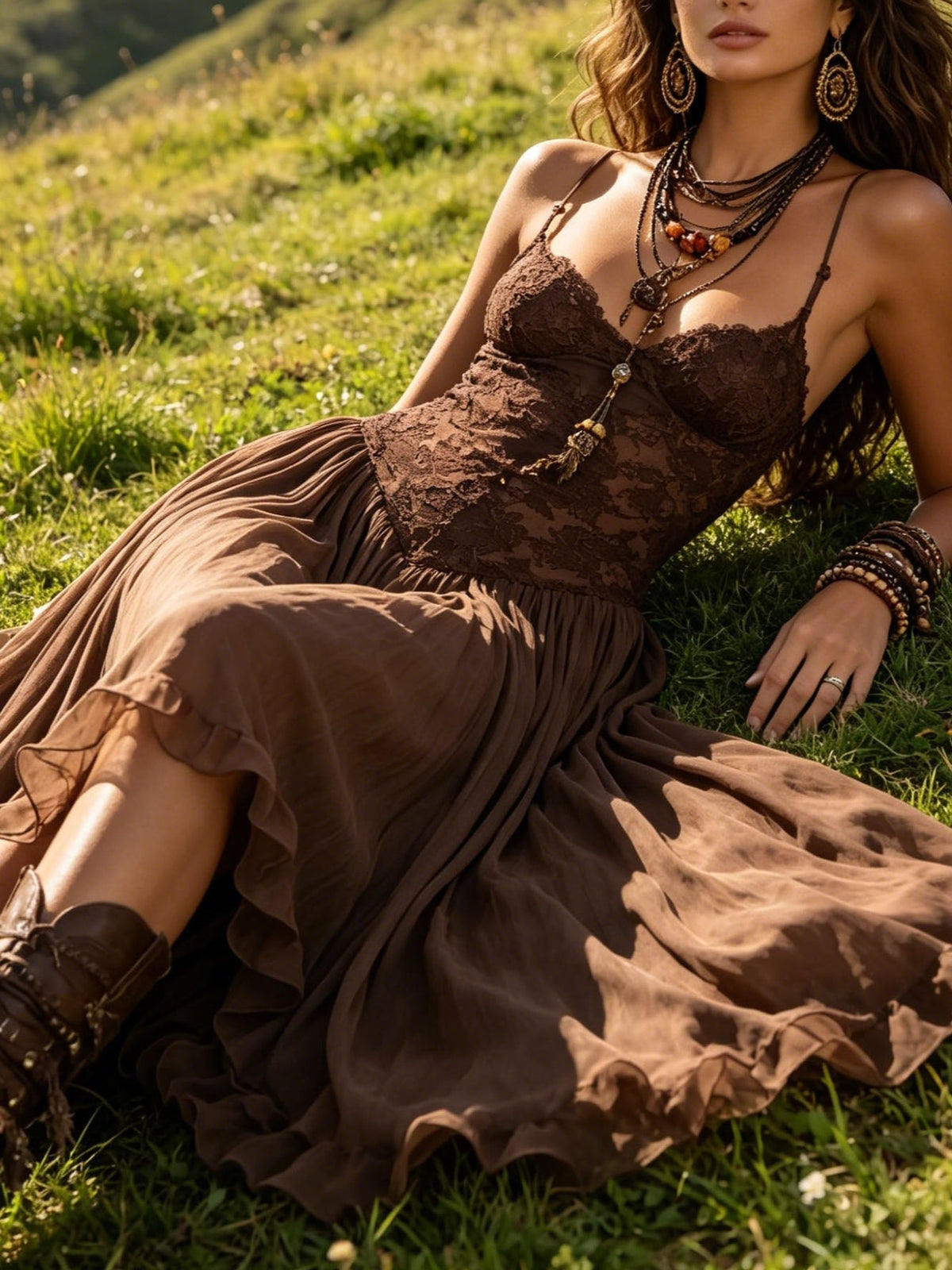 Federica |Vestido Maxi de Gasa y Encaje Marrón