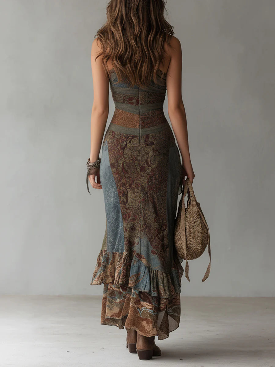 Karen ∙ Vestido largo asimétrico con estampado étnico y abertura alta