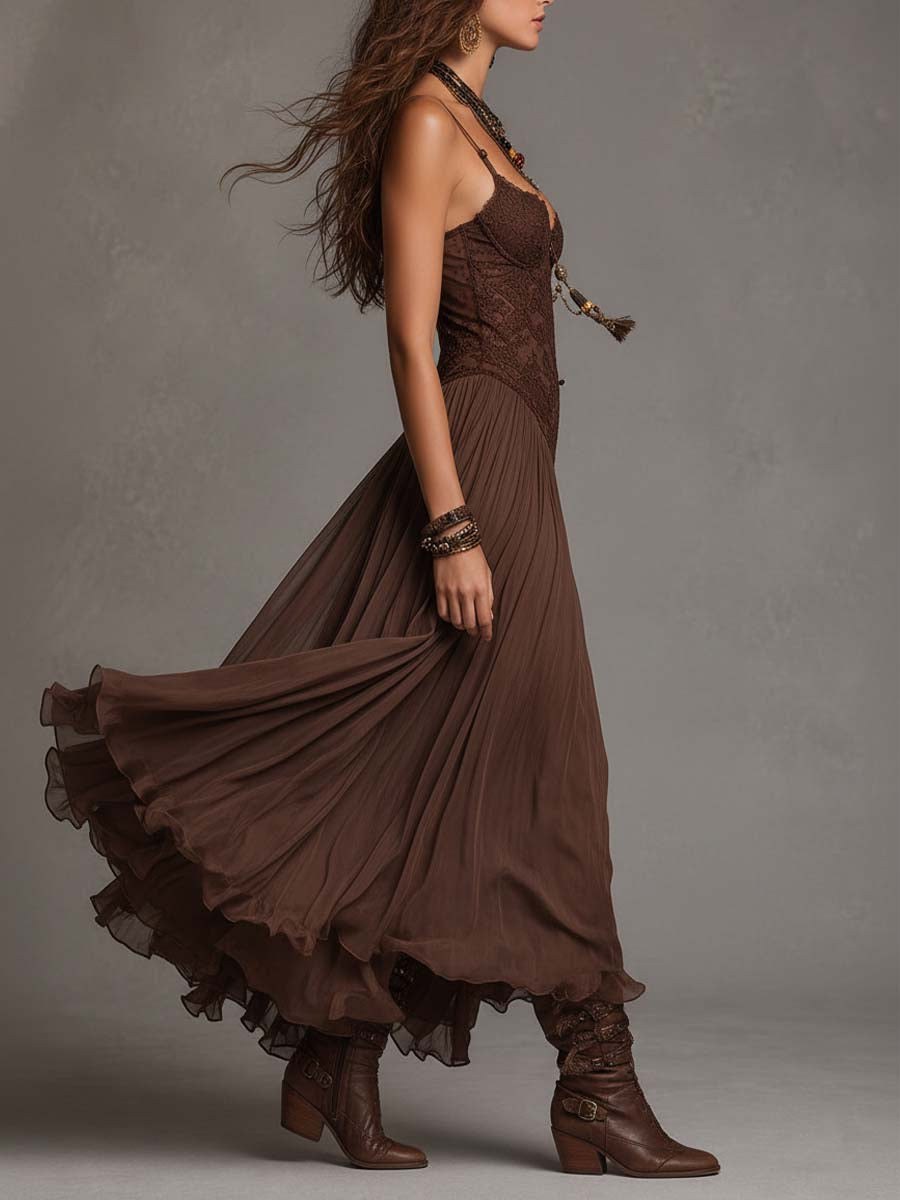 Federica |Vestido Maxi de Gasa y Encaje Marrón
