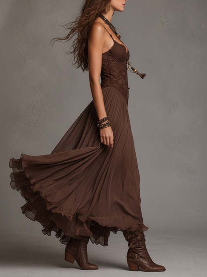 Federica |Vestido Maxi de Gasa y Encaje Marrón