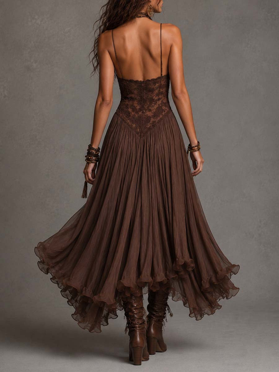 Federica |Vestido Maxi de Gasa y Encaje Marrón