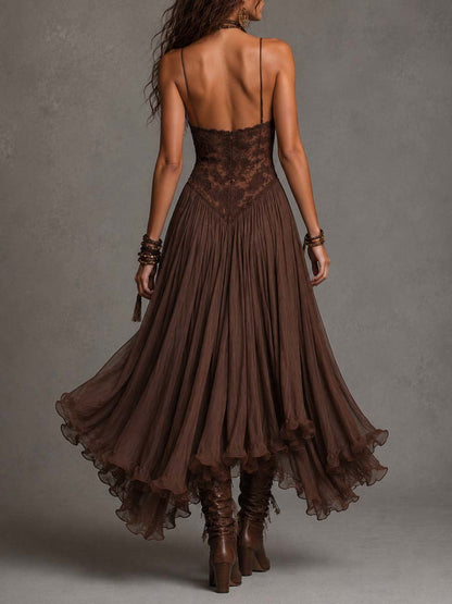 Federica |Vestido Maxi de Gasa y Encaje Marrón