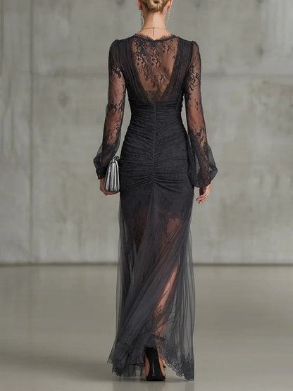 GRACJANA | Vestido largo de encaje con cintura fruncida