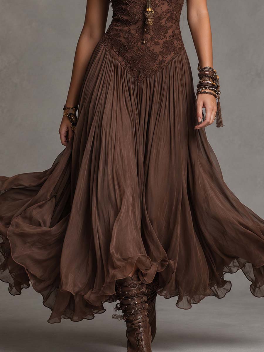 Federica |Vestido Maxi de Gasa y Encaje Marrón