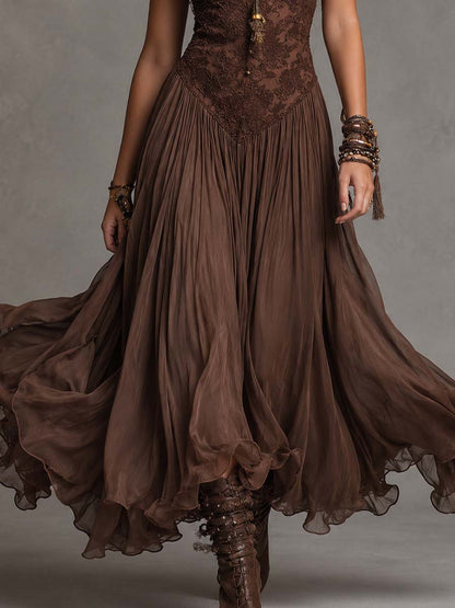 Federica |Vestido Maxi de Gasa y Encaje Marrón