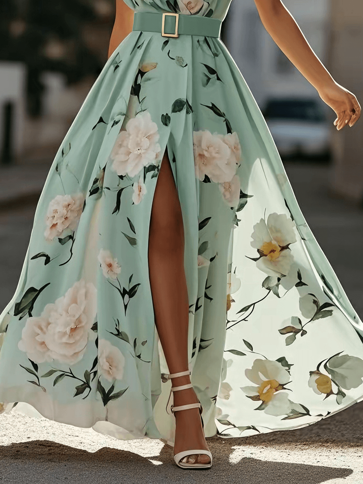 Julie | Vestido Maxi de un Hombro con Estampado Floral Verde Claro