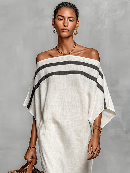 Vestido Maxi Minimalista para Mujer con Escote de Hombros Descubiertos y Mangas Murciélago