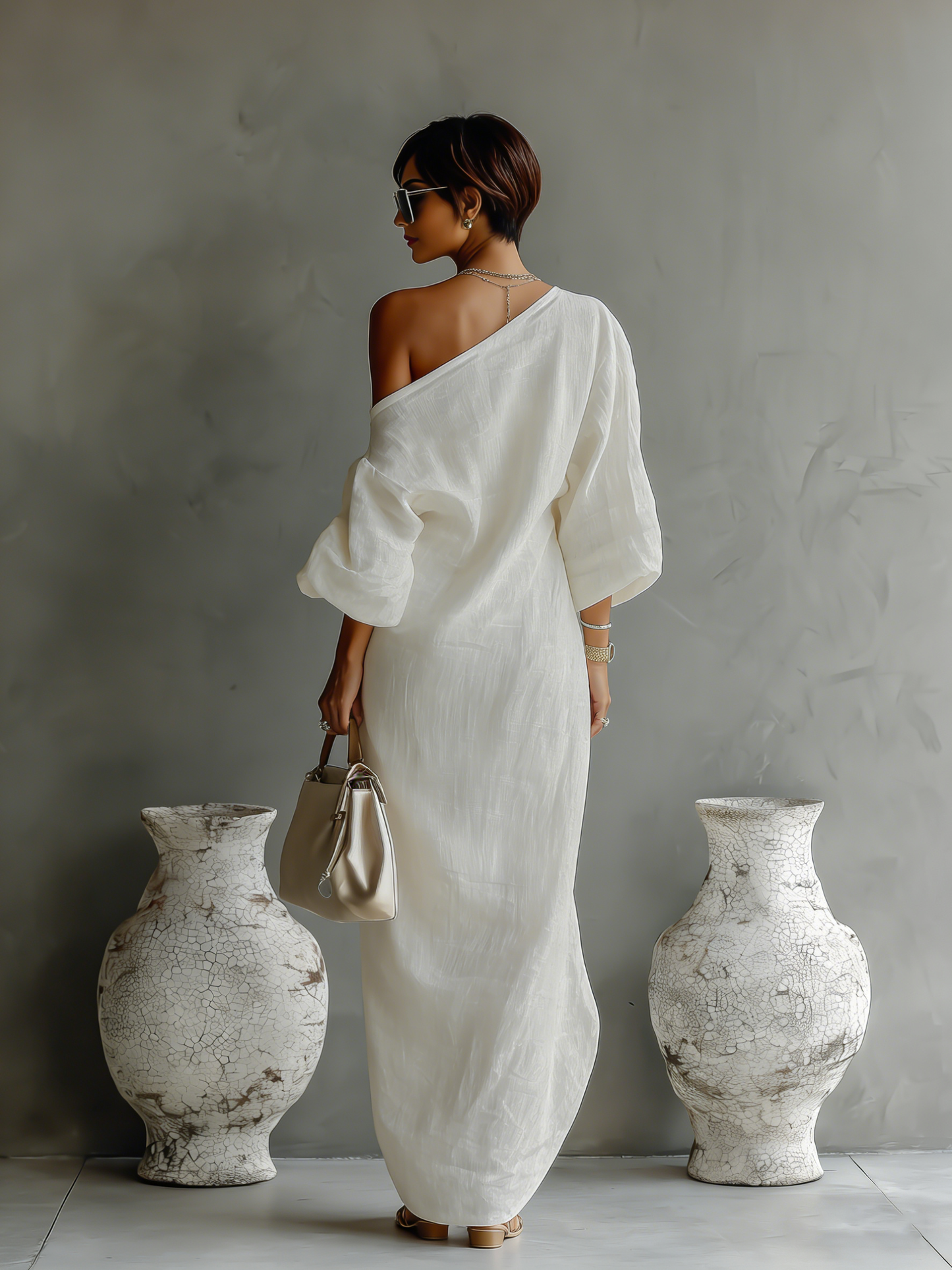 Elegante Vestido Fluido Blanco Marfil con Hombros Descubiertos