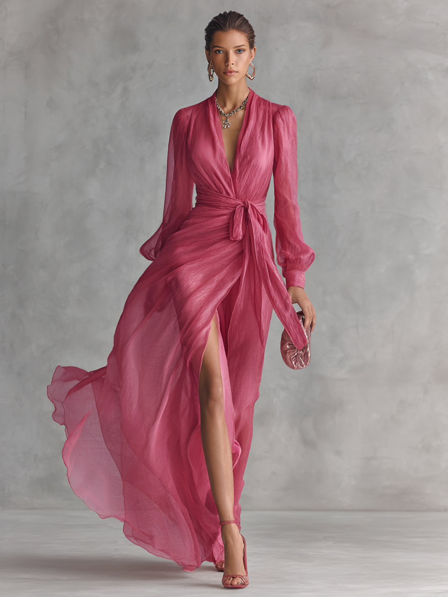 Elegante vestido largo rosa con perlas y cuello en V para mujer
