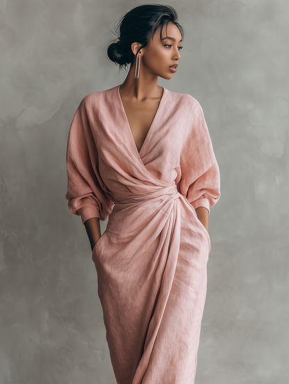 Vestido Maxi Minimalista Rosa con Cuello en V para Mujer