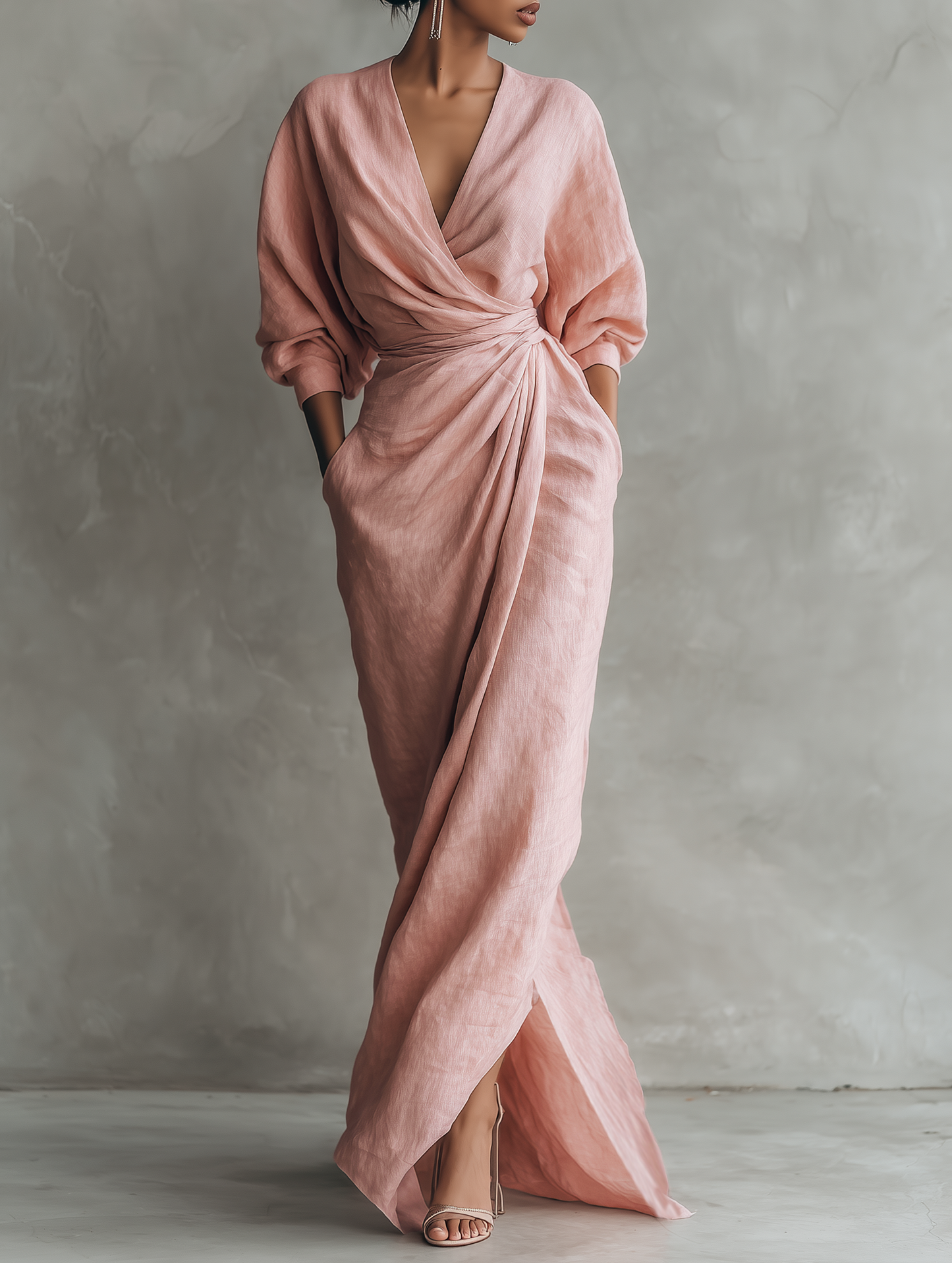 Vestido Maxi Minimalista Rosa con Cuello en V para Mujer