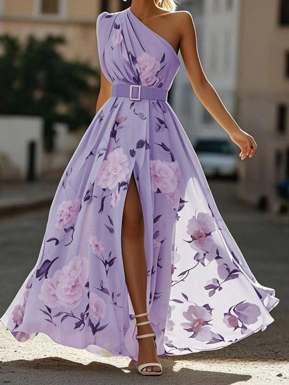 Julie | Vestido Maxi de un Hombro con Estampado Floral Verde Claro