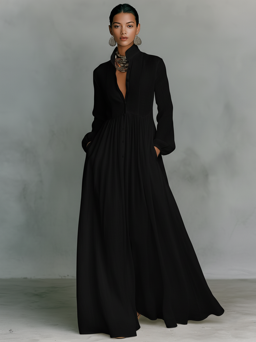 Vestido Maxi Minimalista con Patchwork, Cuello Alto y Manga Larga