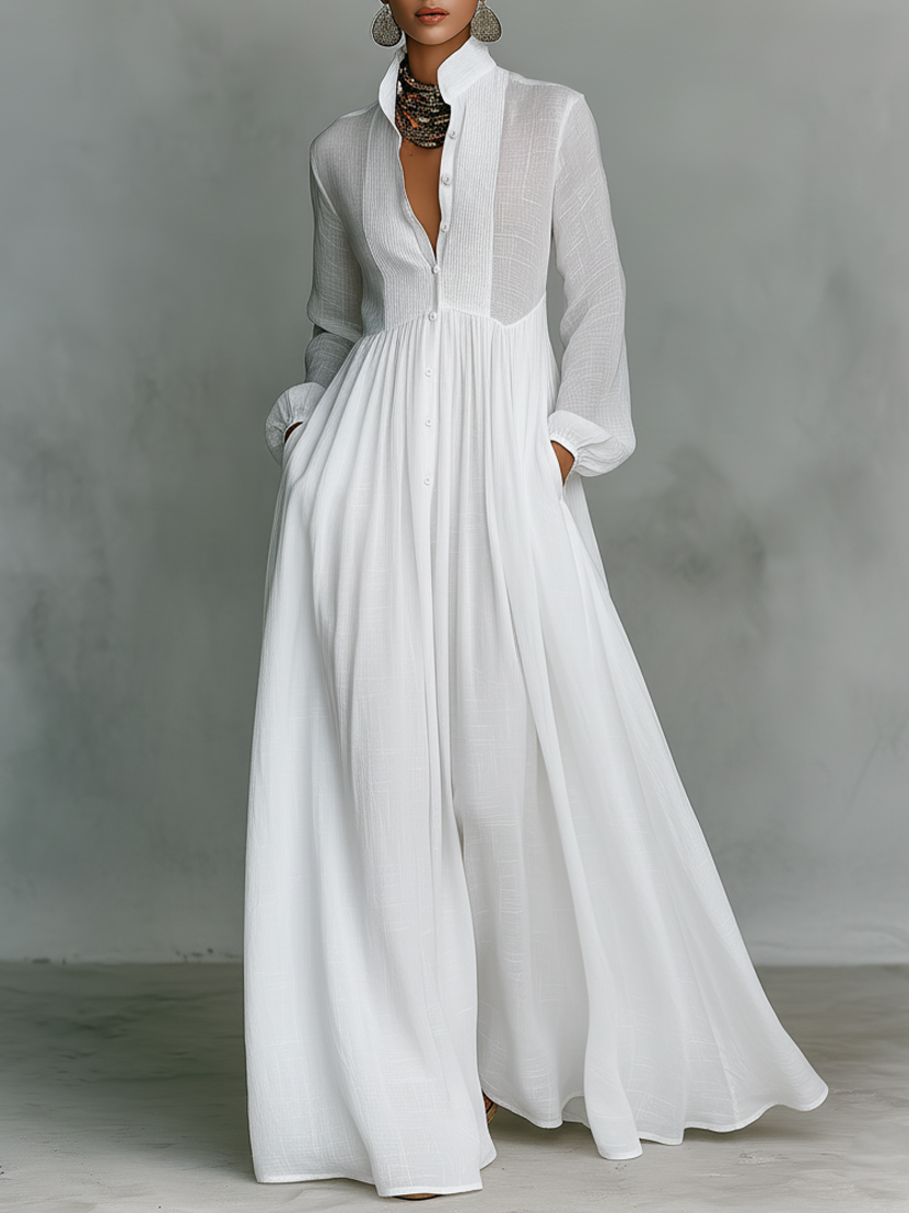 Vestido Maxi Minimalista con Patchwork, Cuello Alto y Manga Larga