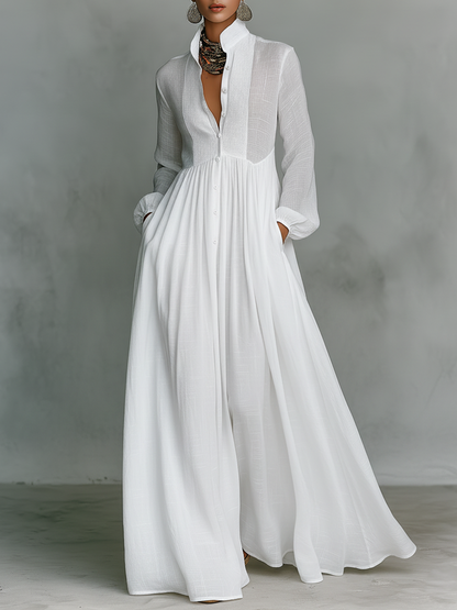 Vestido Maxi Minimalista con Patchwork, Cuello Alto y Manga Larga