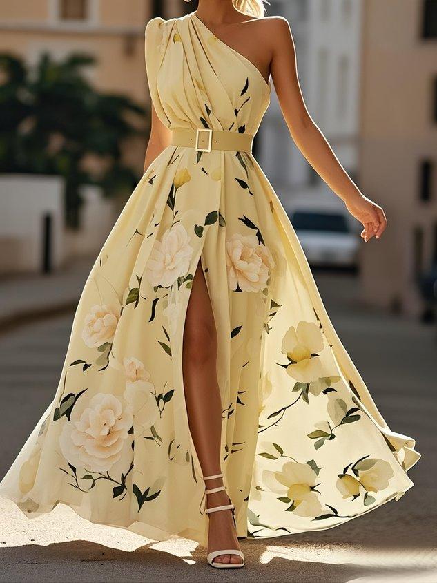 Julie | Vestido Maxi de un Hombro con Estampado Floral Verde Claro