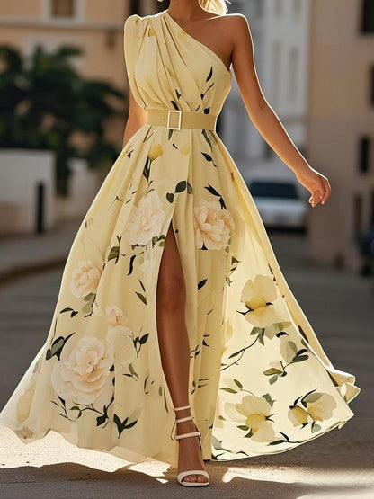 Julie | Vestido Maxi de un Hombro con Estampado Floral Verde Claro