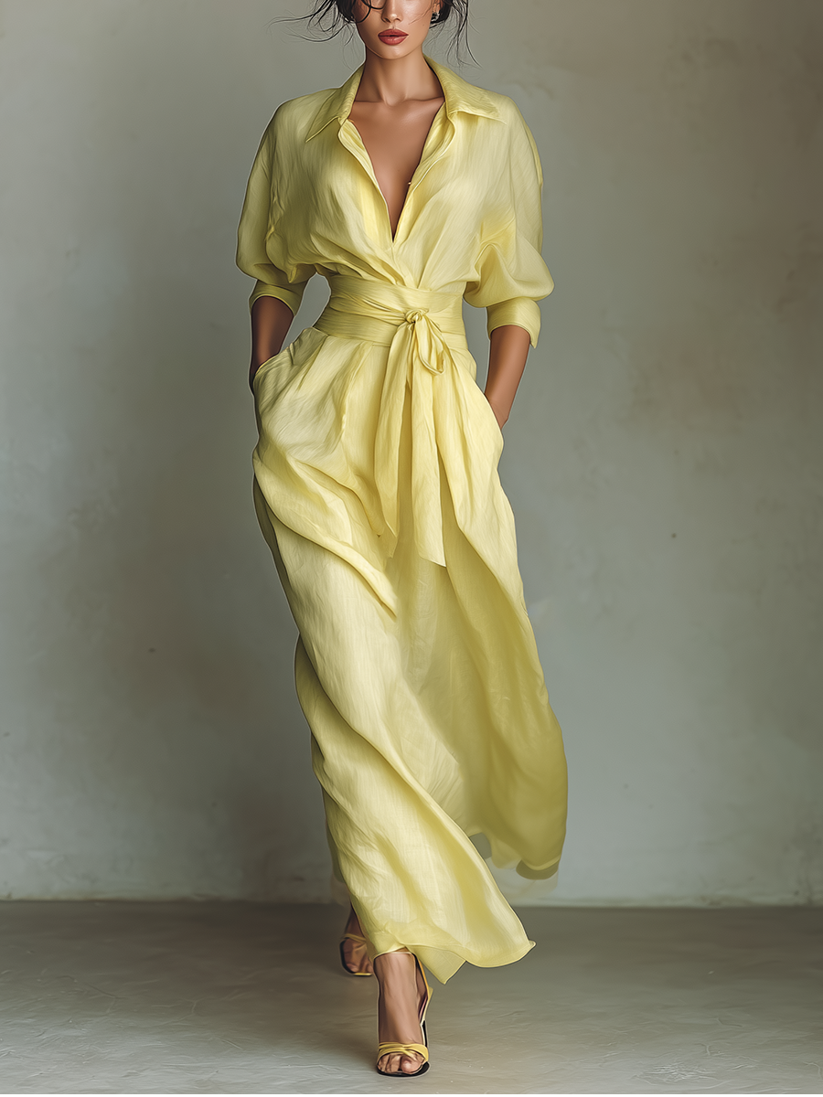 Vestido Camisero Maxi para Mujer en Amarillo Limón con Cinturón Anudado y Manga Tres Cuartos