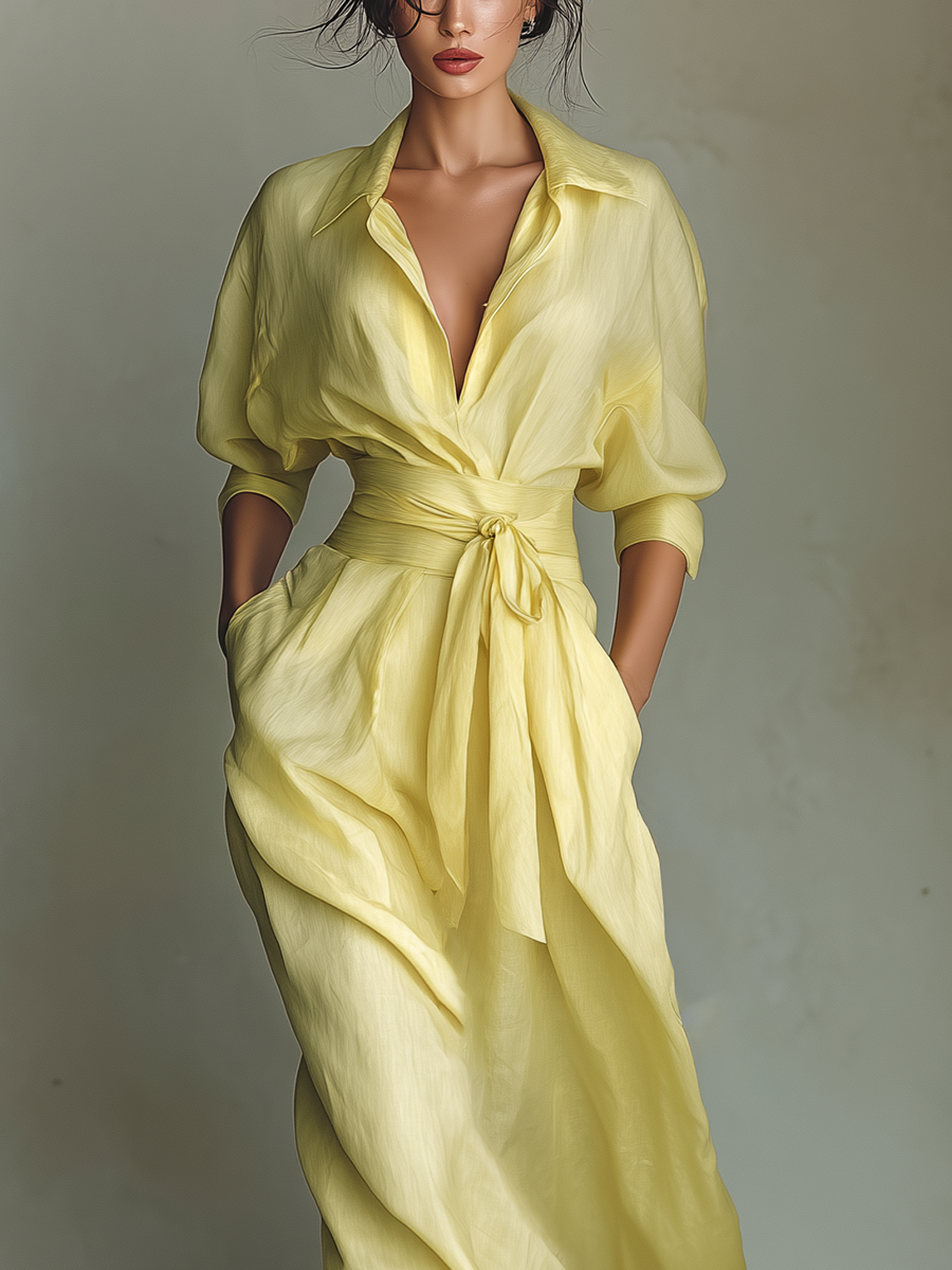 Vestido Camisero Maxi para Mujer en Amarillo Limón con Cinturón Anudado y Manga Tres Cuartos