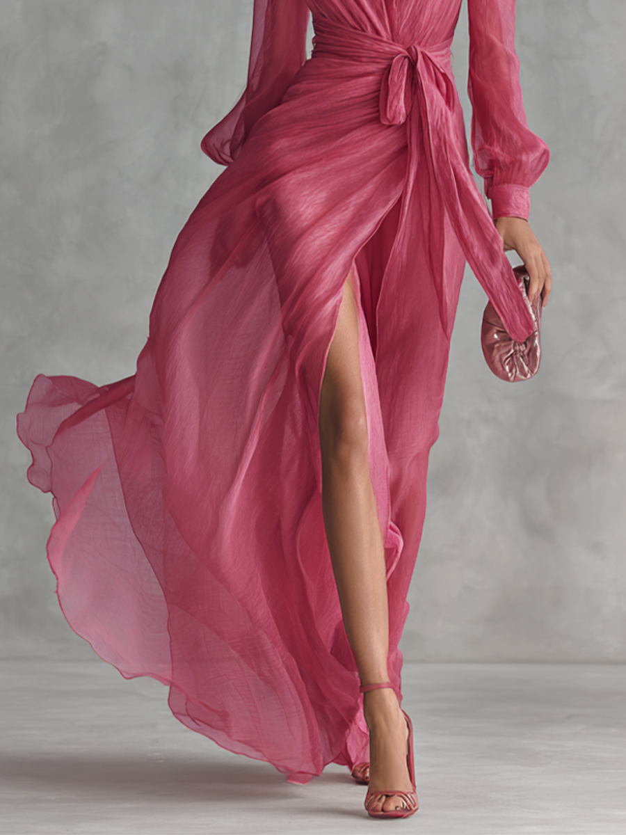 Elegante vestido largo rosa con perlas y cuello en V para mujer