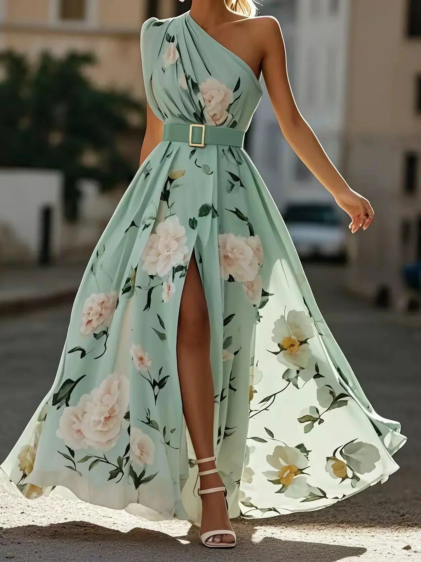 Julie | Vestido Maxi de un Hombro con Estampado Floral Verde Claro