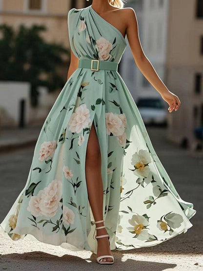 Julie | Vestido Maxi de un Hombro con Estampado Floral Verde Claro