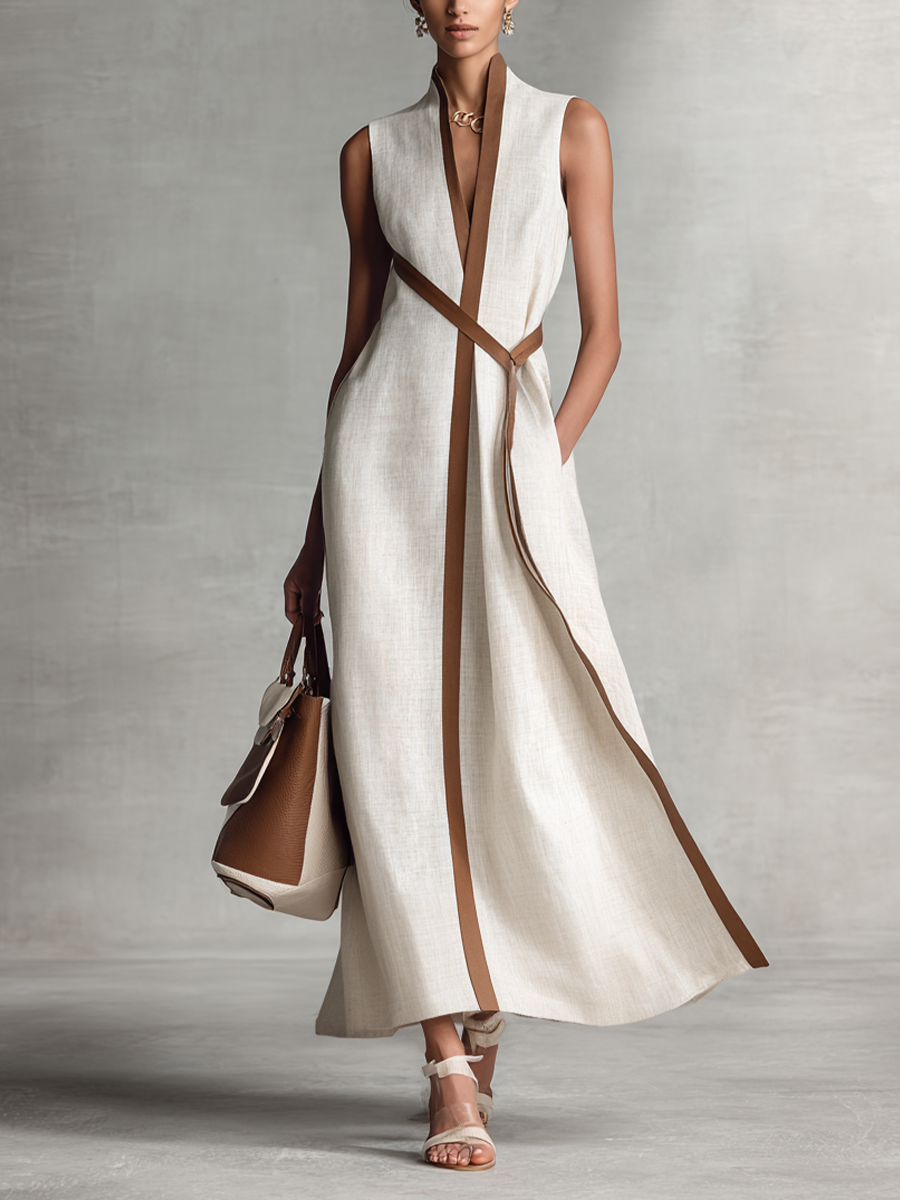 Vestido Maxi Sin Mangas con Cuello en V y Cinturón Anudado para Mujer
