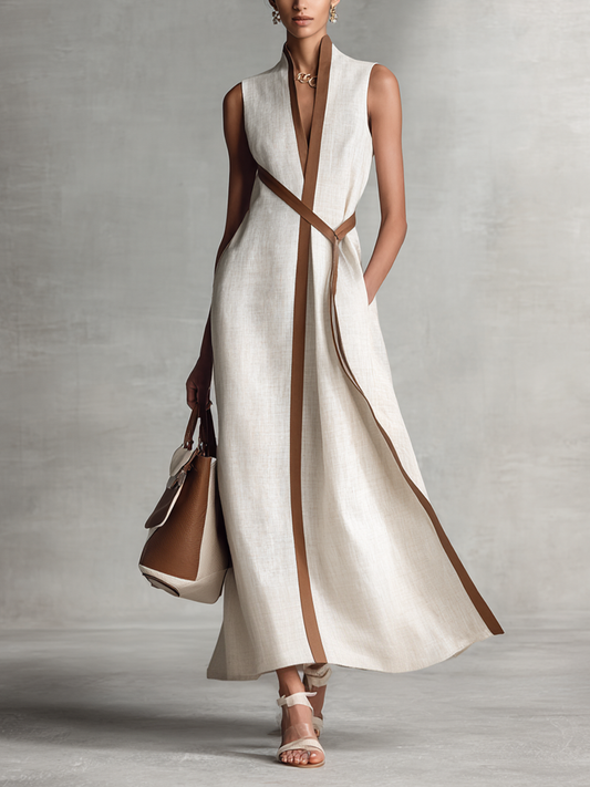 Vestido Maxi Sin Mangas con Cuello en V y Cinturón Anudado para Mujer