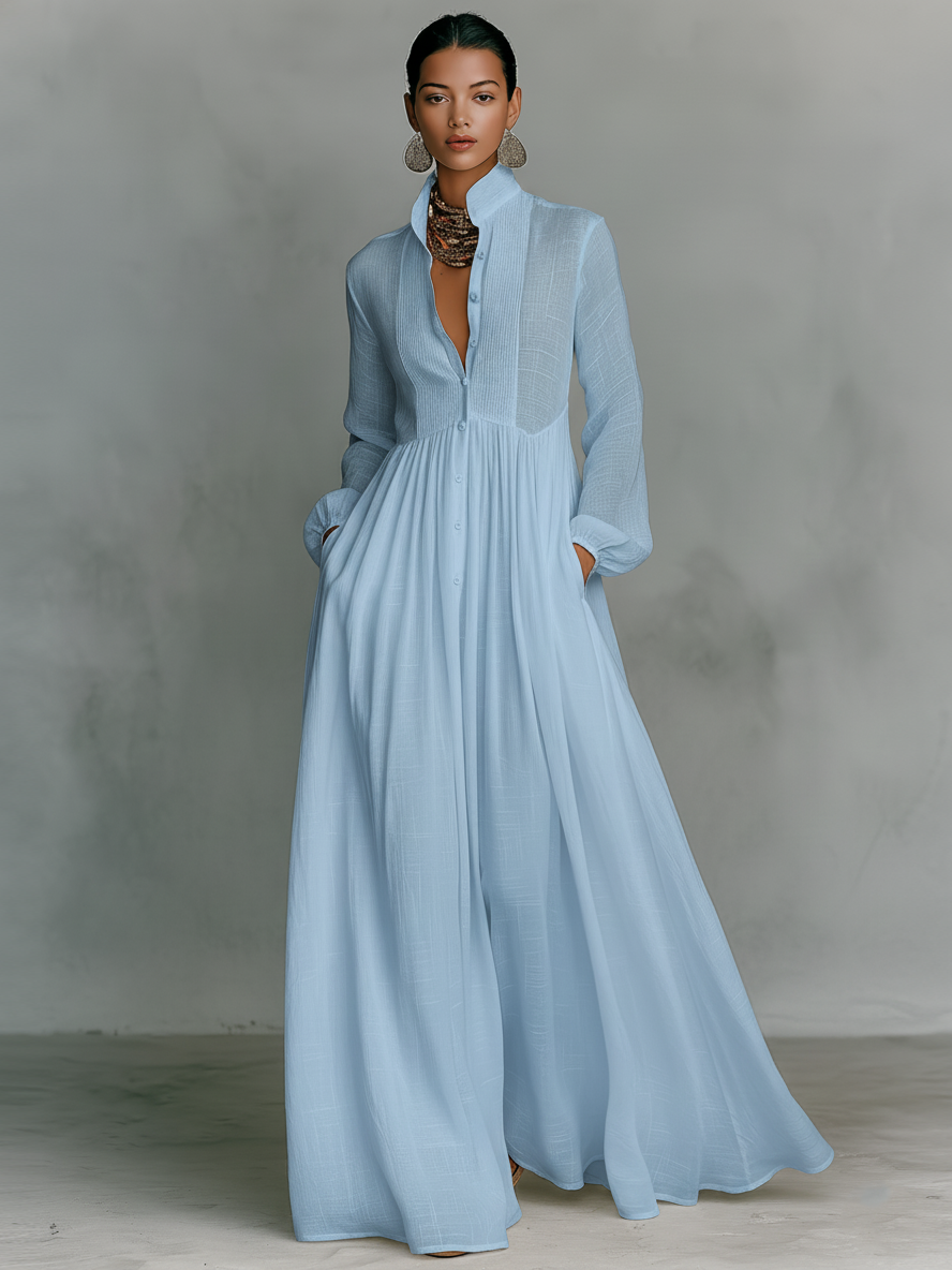 Vestido Maxi Minimalista con Patchwork, Cuello Alto y Manga Larga