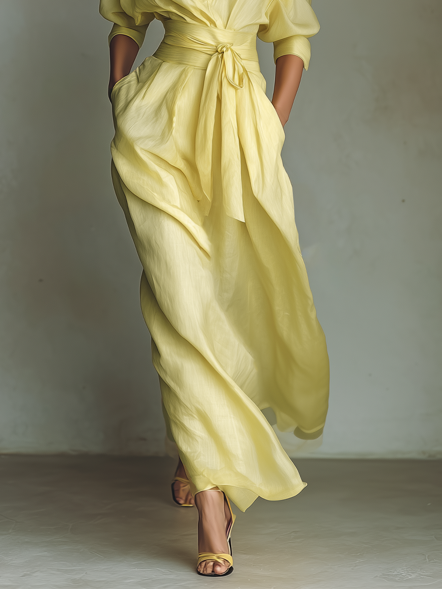 Vestido Camisero Maxi para Mujer en Amarillo Limón con Cinturón Anudado y Manga Tres Cuartos