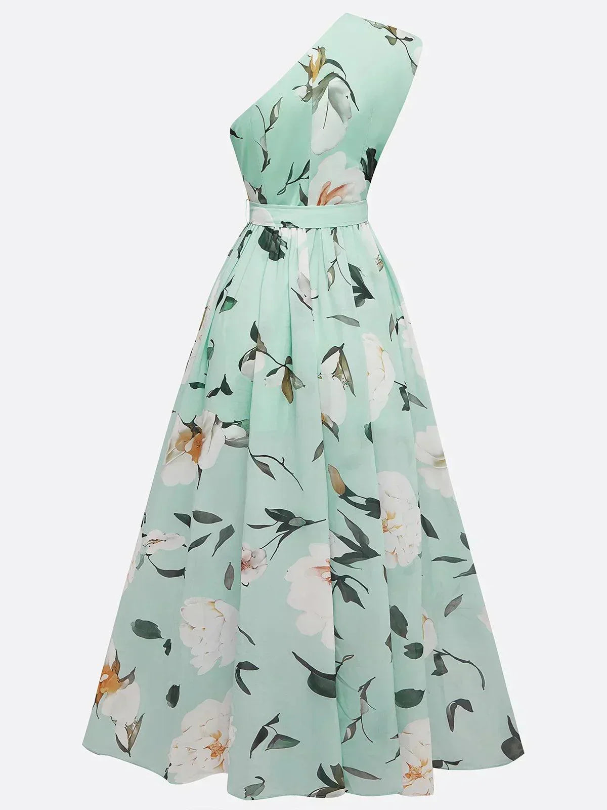 Julie | Vestido Maxi de un Hombro con Estampado Floral Verde Claro