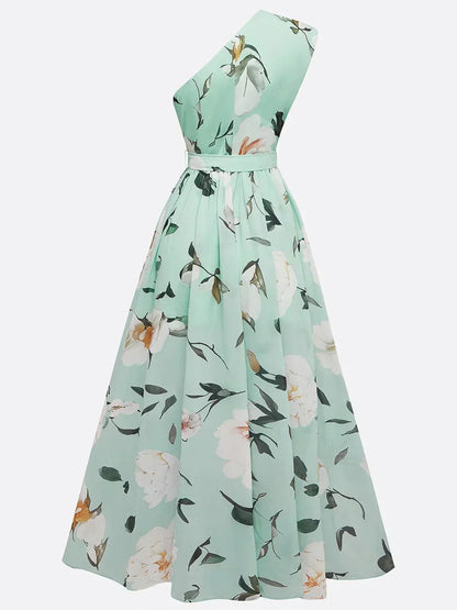 Julie | Vestido Maxi de un Hombro con Estampado Floral Verde Claro