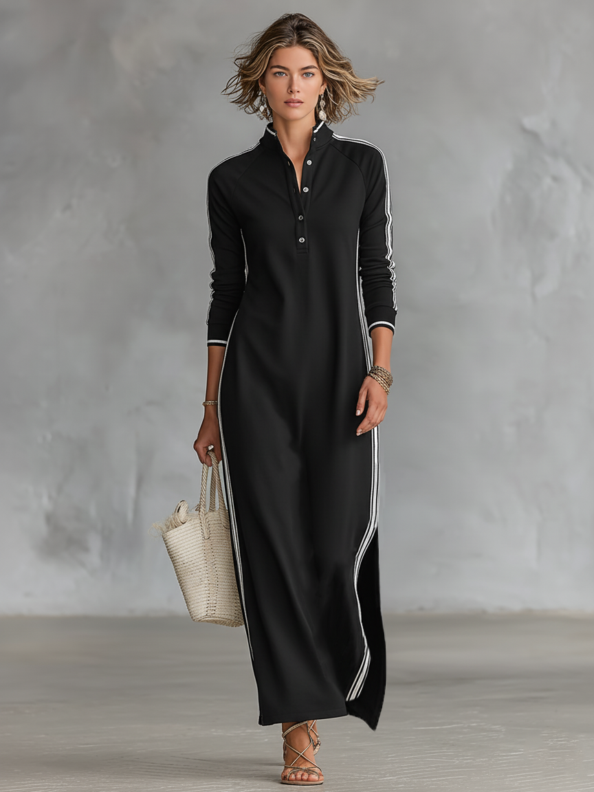 Vestido Maxi Estilo Sudadera para Mujer con Cuello con Botones y Ribete Blanco