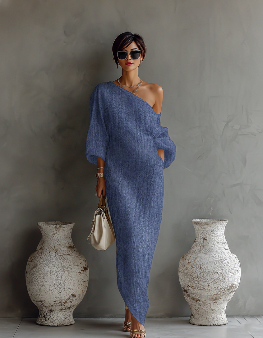 Elegante Vestido Fluido Blanco Marfil con Hombros Descubiertos