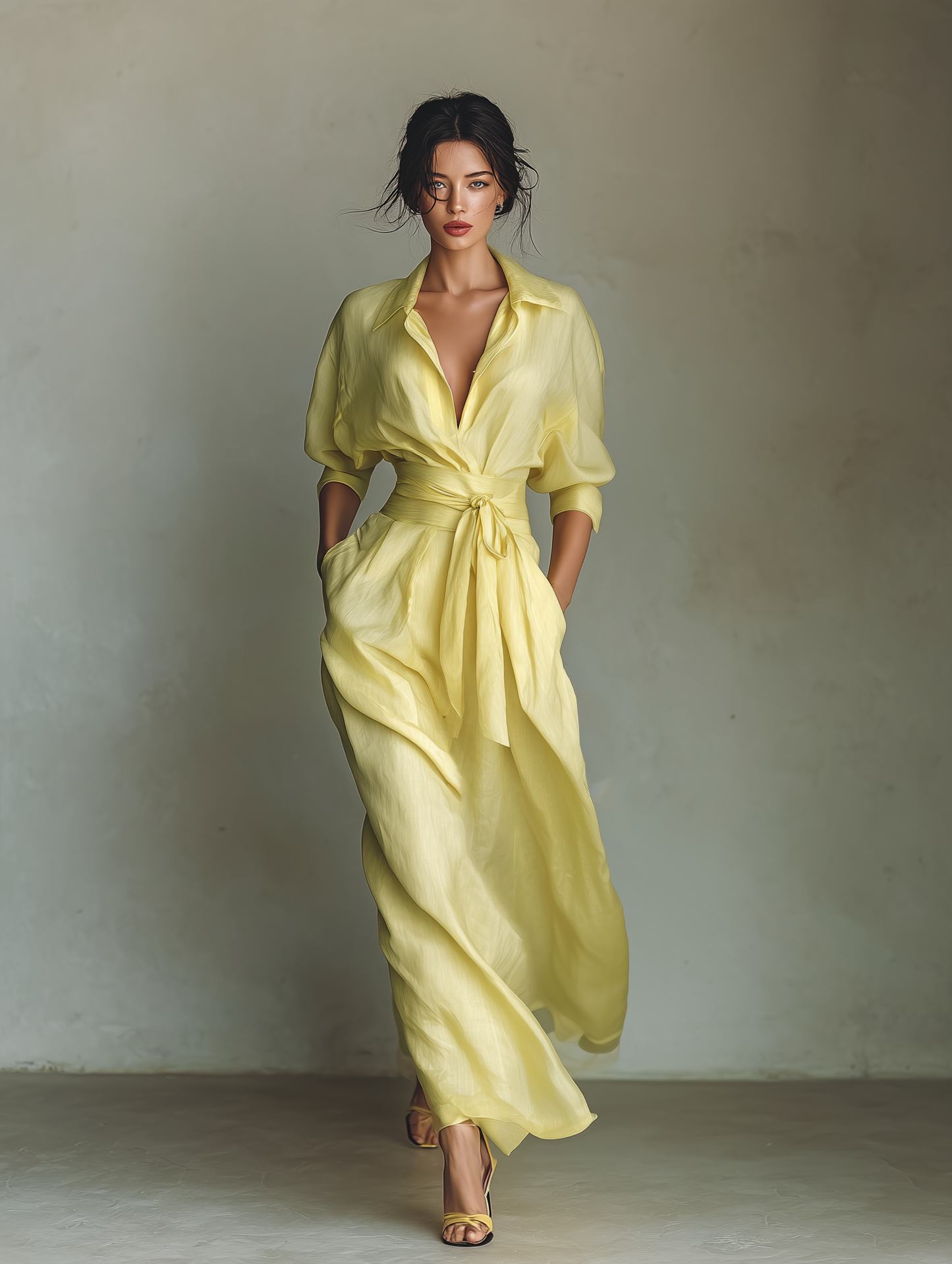 Vestido Camisero Maxi para Mujer en Amarillo Limón con Cinturón Anudado y Manga Tres Cuartos