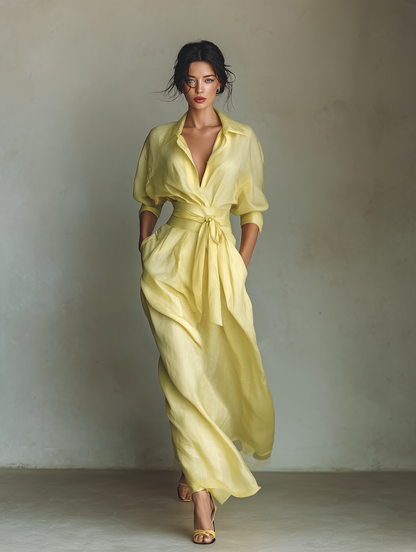 Vestido Camisero Maxi para Mujer en Amarillo Limón con Cinturón Anudado y Manga Tres Cuartos