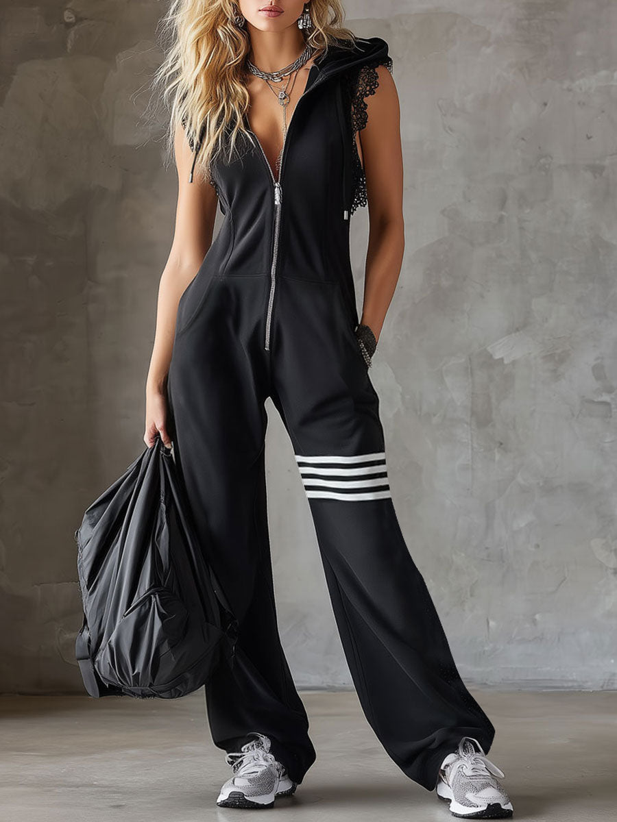 Daniela | Jumpsuit deportivo retro con capucha y rayas