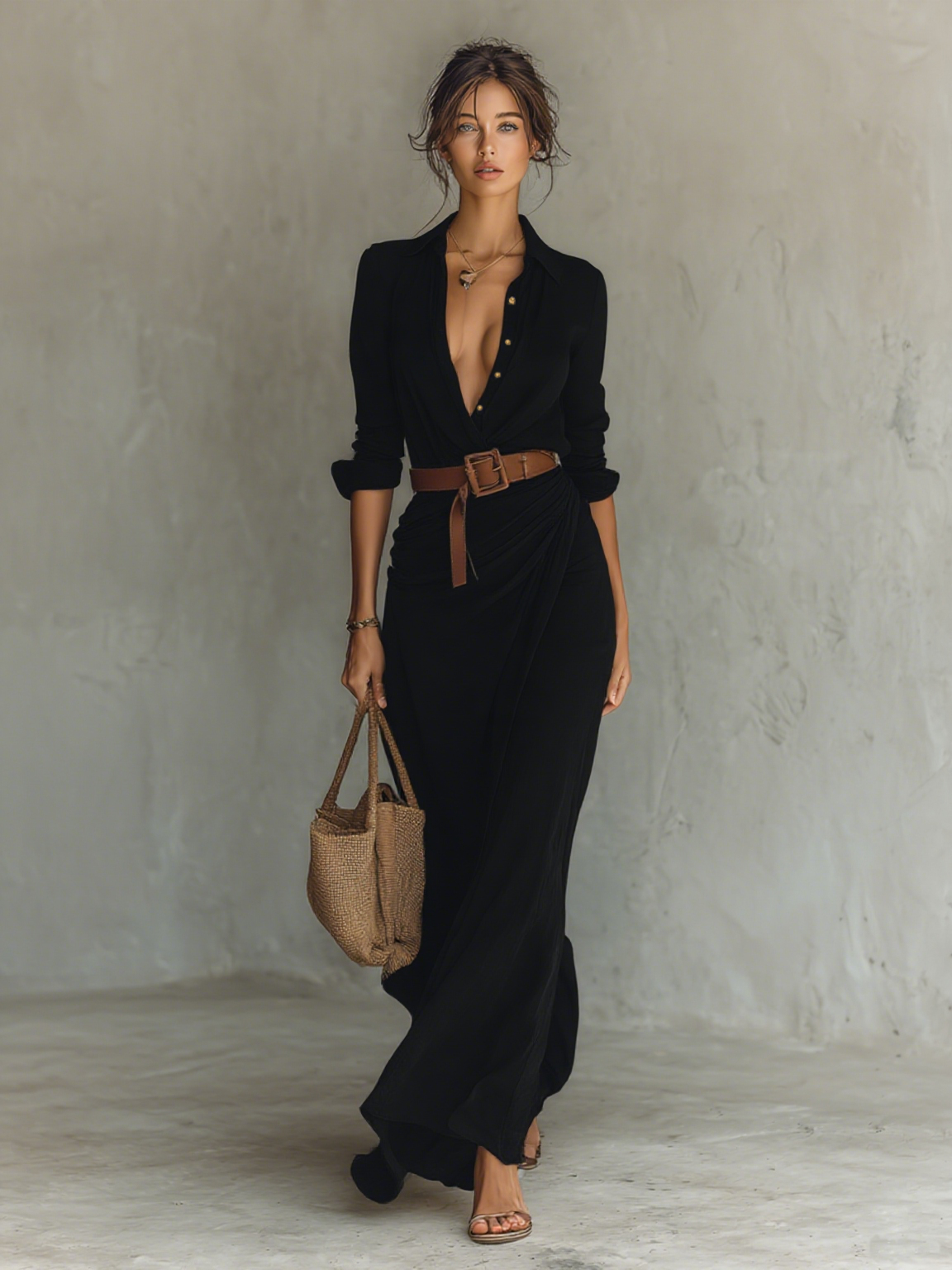 Vestido Maxi Largo con Cuello Solapa y Manga Larga para Mujer
