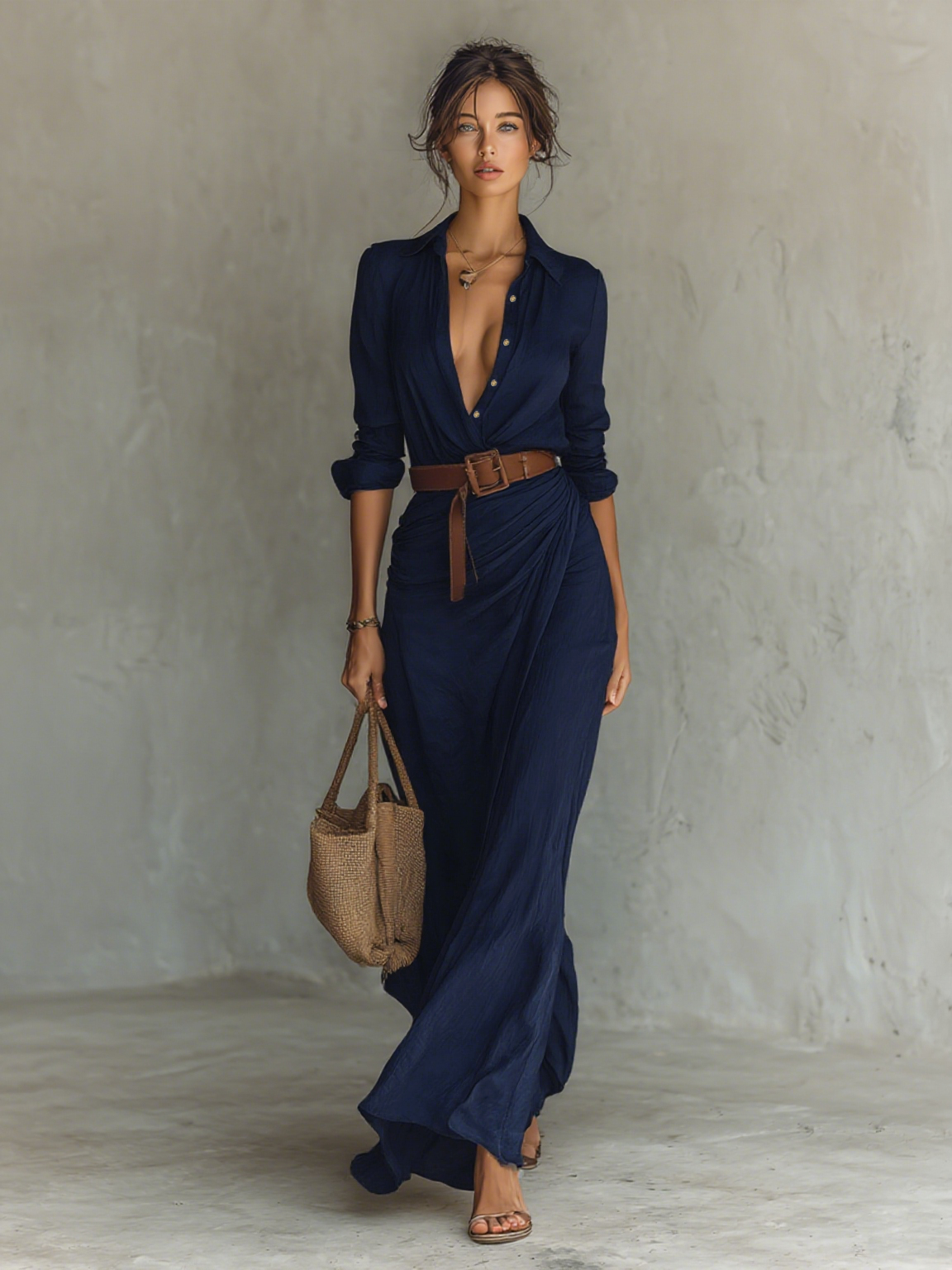 Vestido Maxi Largo con Cuello Solapa y Manga Larga para Mujer