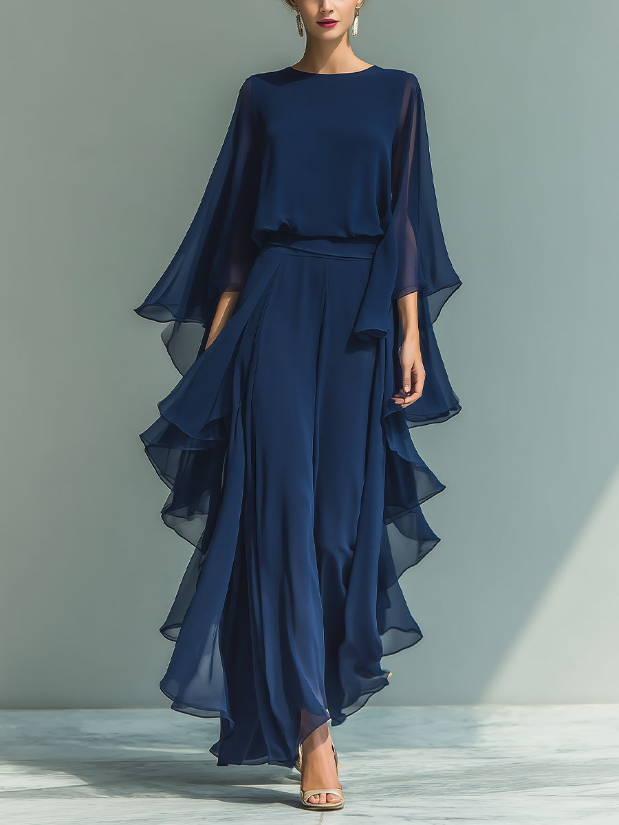 Conjunto Azul Marino con Mangas Acampanadas y Pantalón Recto con Detalles Fruncidos