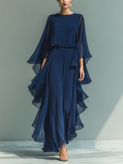 Conjunto Azul Marino con Mangas Acampanadas y Pantalón Recto con Detalles Fruncidos