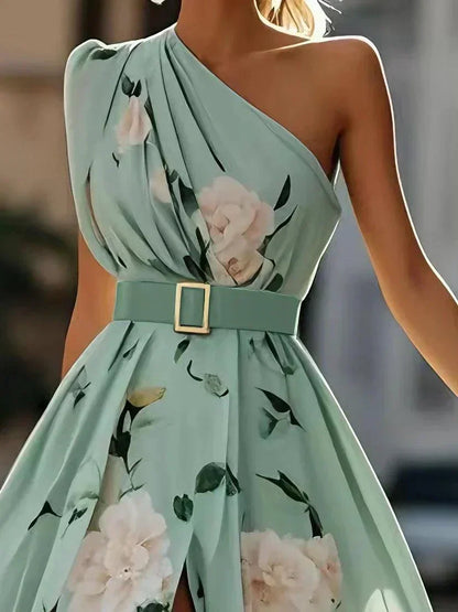 Julie | Vestido Maxi de un Hombro con Estampado Floral Verde Claro