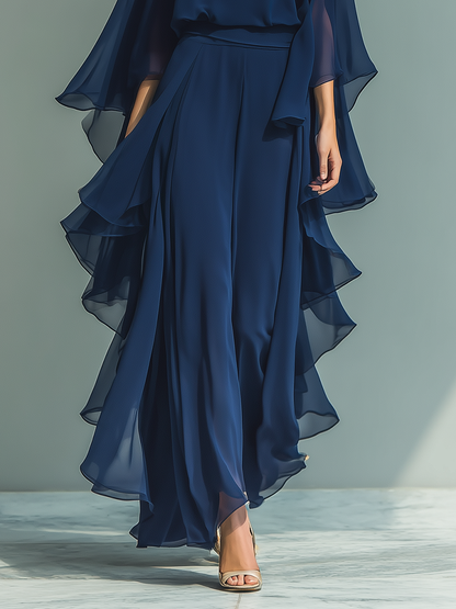 Conjunto Azul Marino con Mangas Acampanadas y Pantalón Recto con Detalles Fruncidos