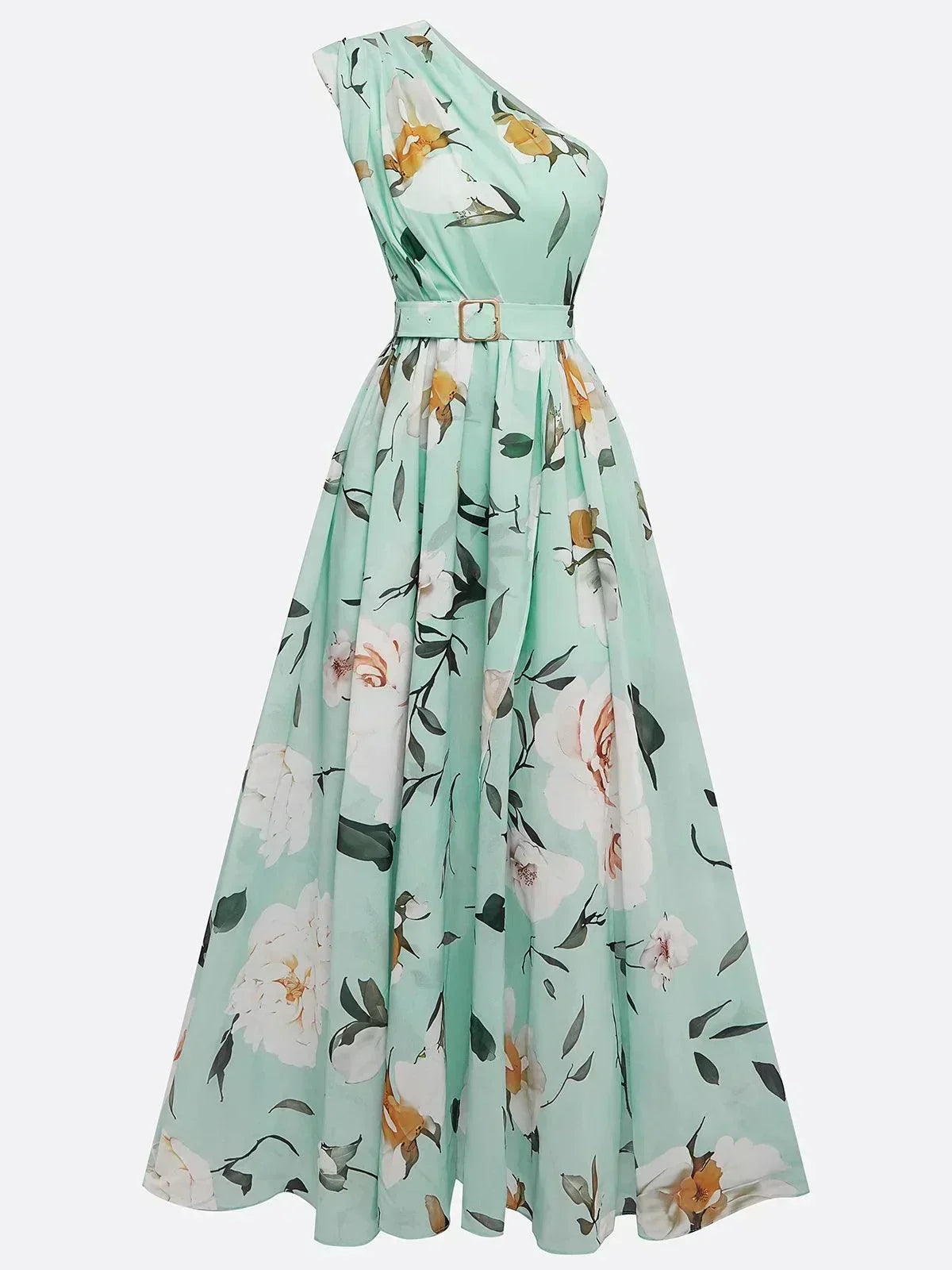 Julie | Vestido Maxi de un Hombro con Estampado Floral Verde Claro
