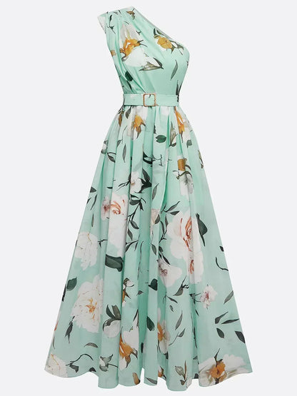 Julie | Vestido Maxi de un Hombro con Estampado Floral Verde Claro