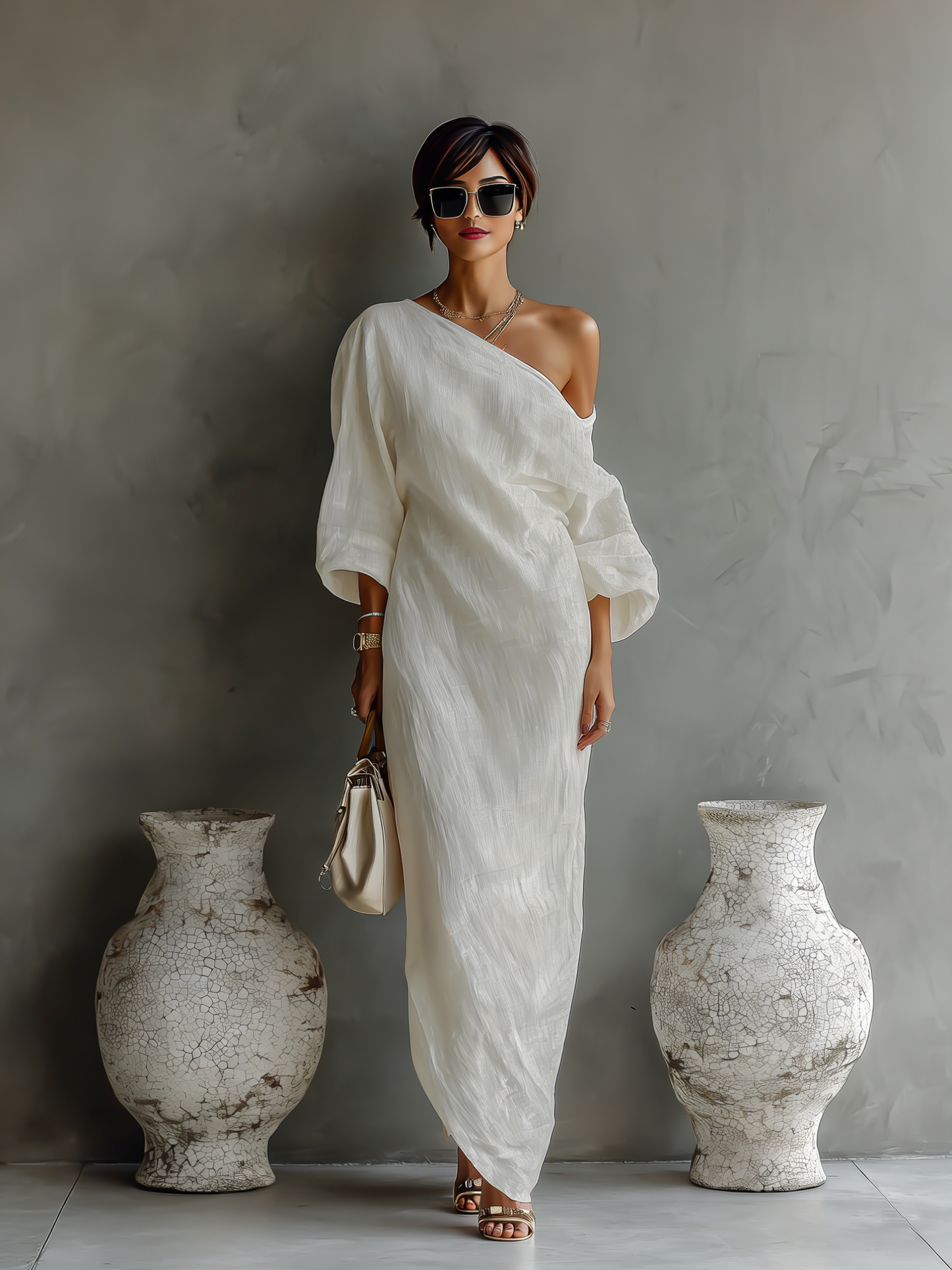 Elegante Vestido Fluido Blanco Marfil con Hombros Descubiertos