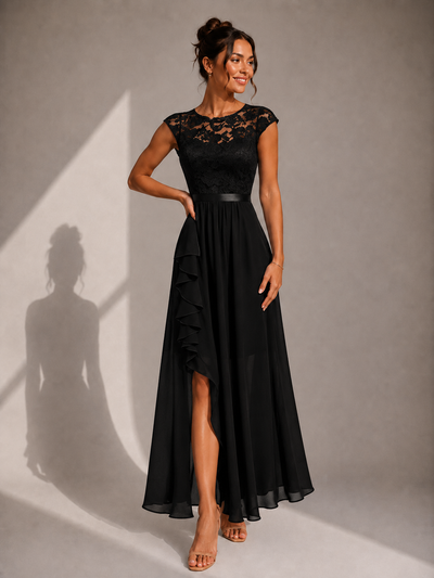 HALINA | Vestido largo de gasa con detalles de encaje